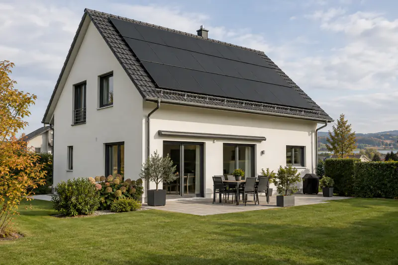 Einfamilienhaus mit schwarzen Solarmodulen auf dem Dach und Sitzplatz im Garten