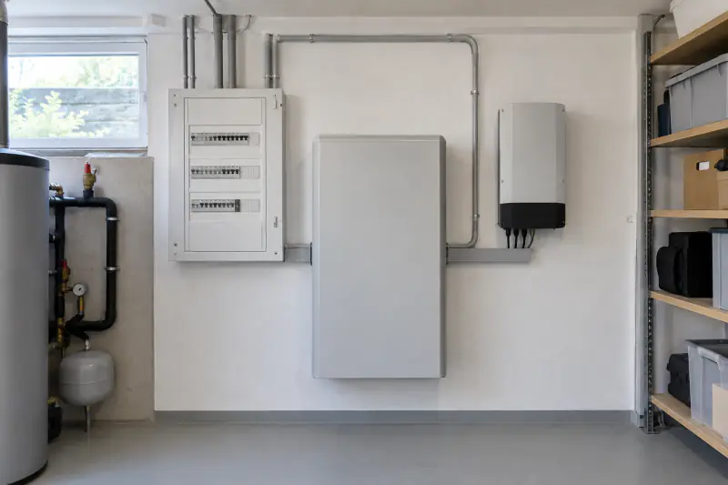 Batteriespeicher an der Wand eines Technikraums neben Elektroverteilung und Wechselrichter