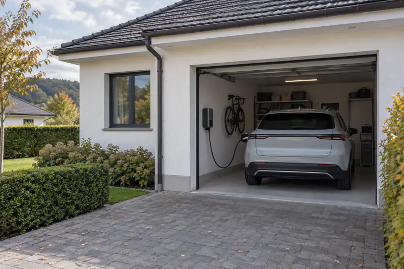 Wallbox an der Garagenwand neben einem parkierten Auto