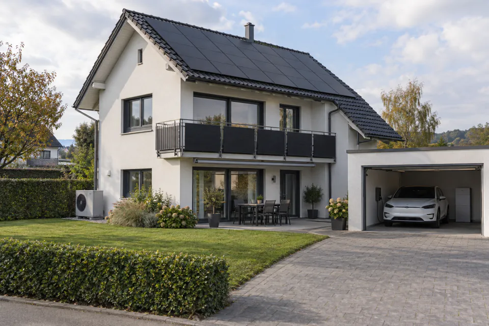 Einfamilienhaus mit Solarmodulen am Balkon und auf dem Dach, Speicher in der Garage, Wärmepumpe neben dem Haus und Wallbox beim Parkplatz.