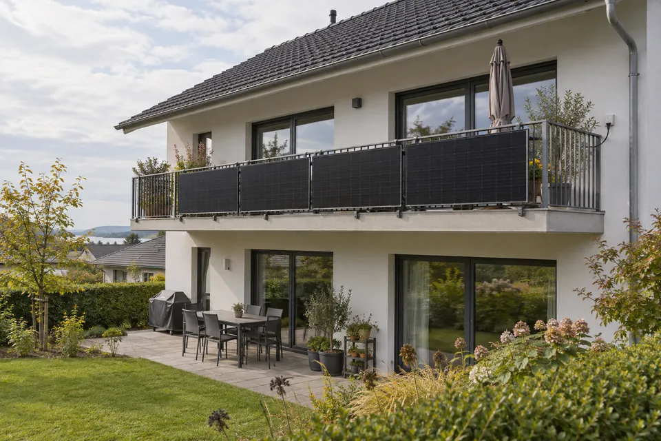 Beispiel: vier Solarmodule am Geländer eines Balkons an einem Wohnhaus.