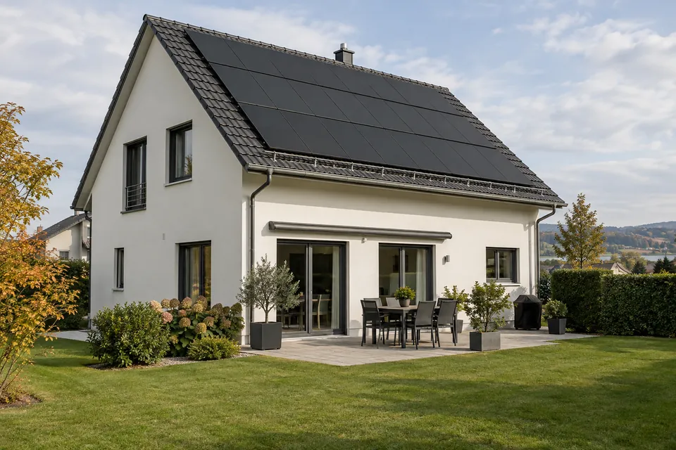 Solarmodule auf dem Ziegeldach eines Wohnhauses mit Terrasse.