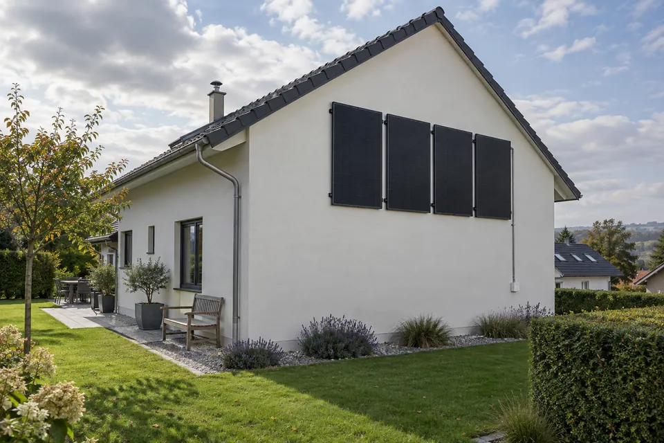 Beispiel: vier Solarmodule an der Giebelwand eines Wohnhauses.