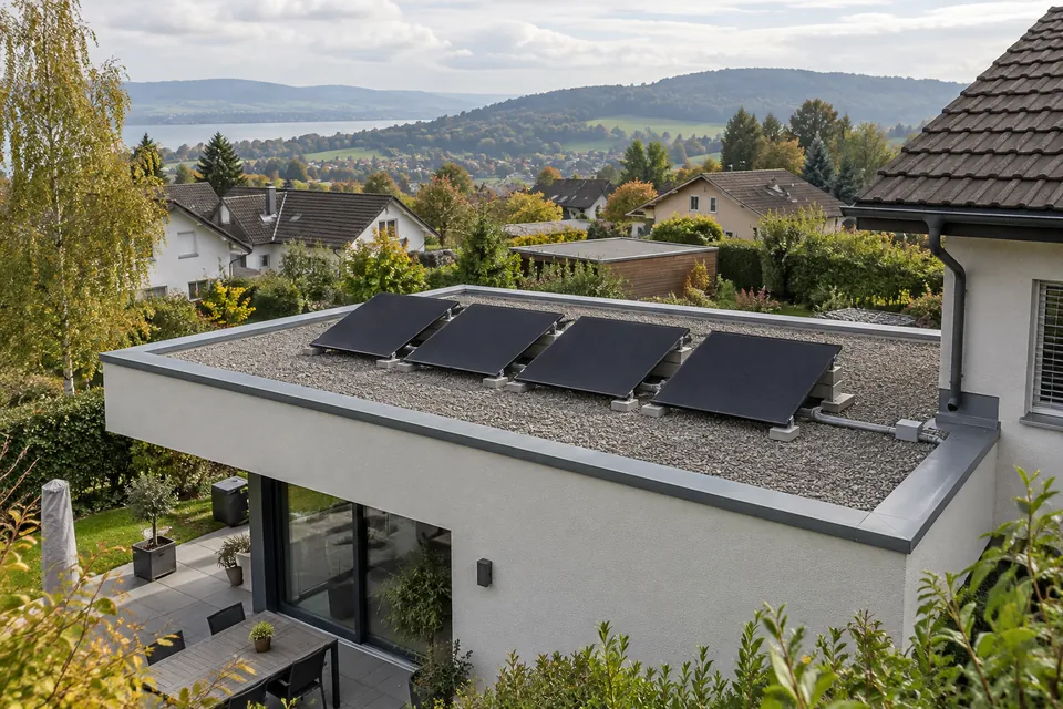 Beispiel: vier schräg aufgestellte Solarmodule auf einem Flachdach mit Kies.