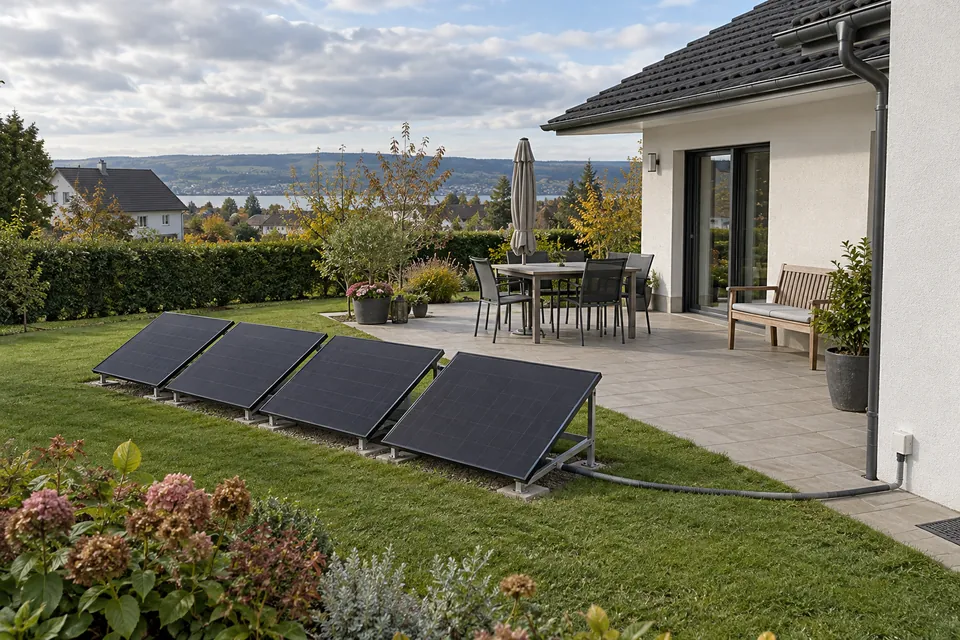 Beispiel: vier Solarmodule auf schrägen Ständern im Garten neben einer Terrasse.