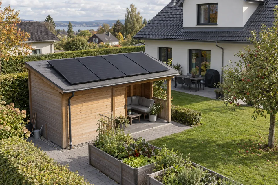 Beispiel: vier Solarmodule auf dem Dach eines hölzernen Gartenhauses.
