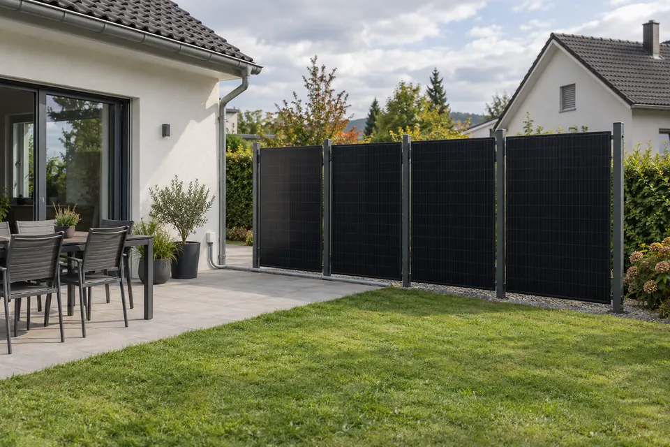 Beispiel: vier senkrechte Solarmodule zwischen Zaunpfosten neben einer Terrasse.